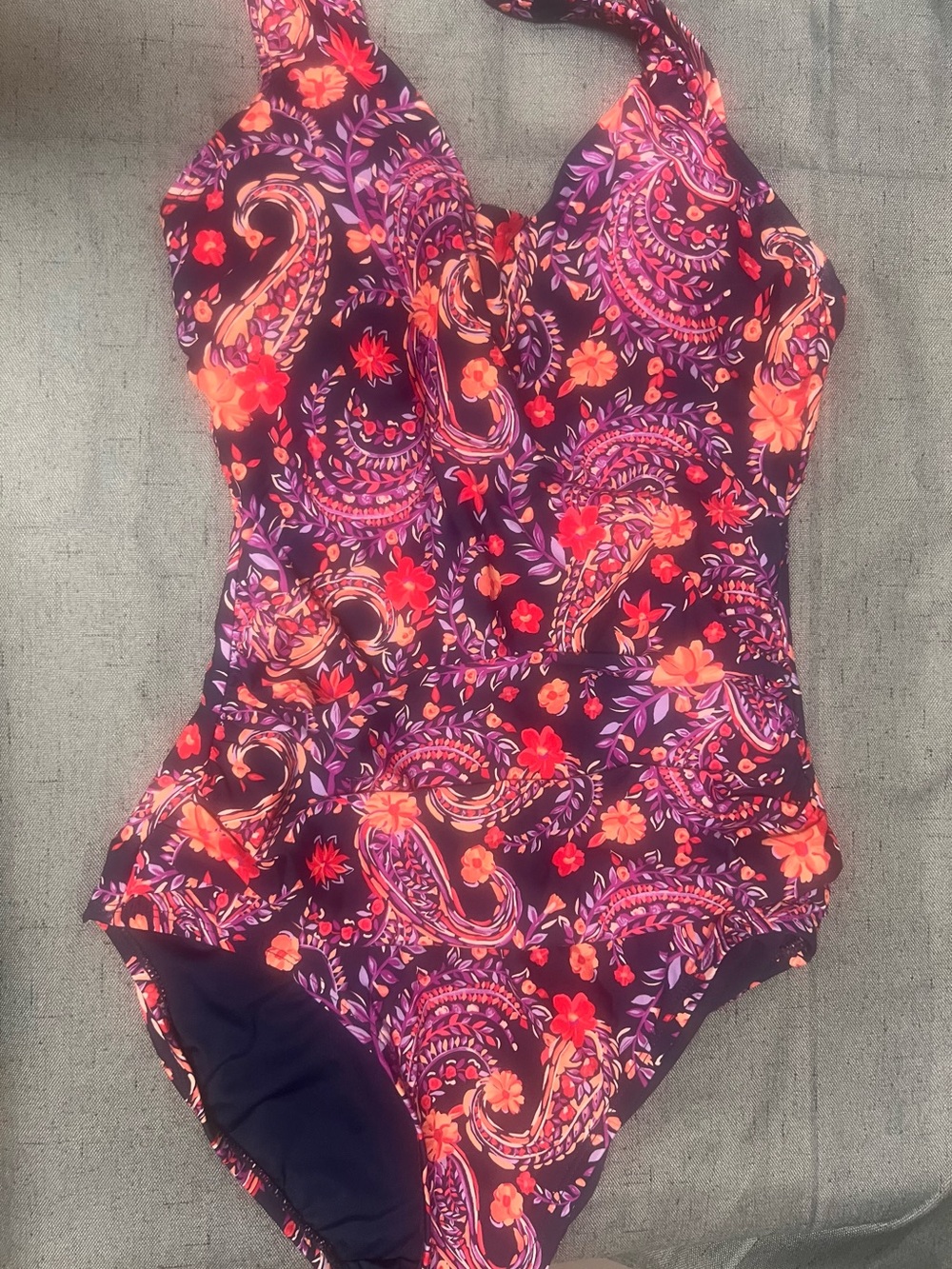 Lands' End Navy Swim Top with Pink and Orange Floral Trim